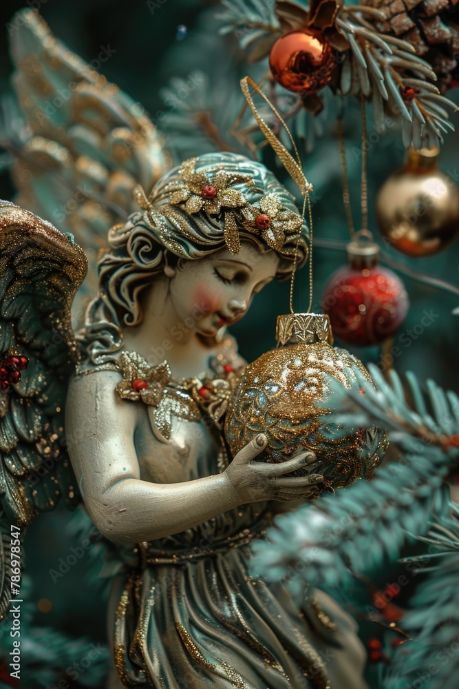 Fototapeta premium A beautiful statue of an angel holding a festive Christmas ornament. Perfect for holiday decorations