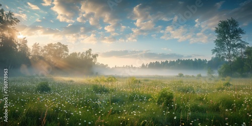 Sunrays filtering through trees onto a misty meadow sprinkled with wildflowers