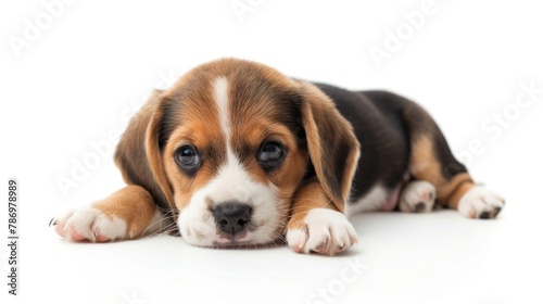 Adorable puppy resting on white background, perfect for pet lovers