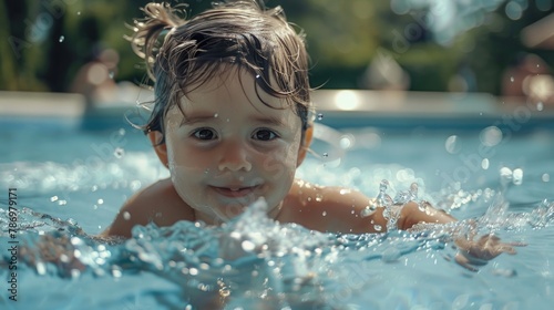 A young child enjoying swimming in a pool. Suitable for summer activities concept