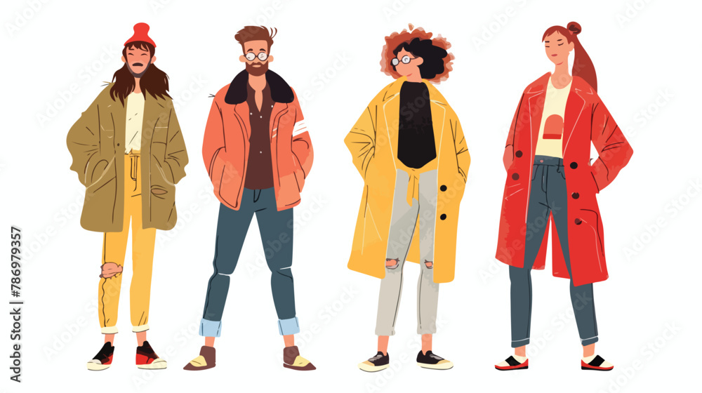 Young man and women in trendy clothes reveal Four emotional