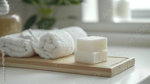 White towels and soap neatly arranged on a wooden tray. Perfect for bathroom or spa concepts