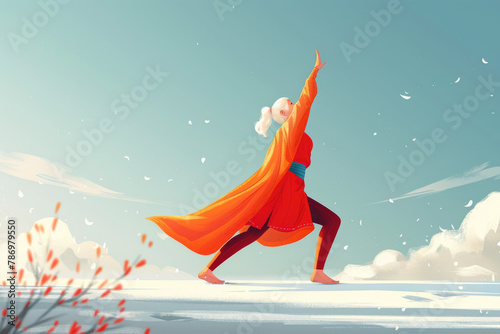 Illustration of a person in a vibrant orange cloak practicing yoga in a serene winter setting.