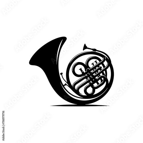 Brass Brilliance: Black Vector Silhouette of a French Horn, Resonance of Majestic Musical Harmony- French Horn Illustration- French horn vector stock.