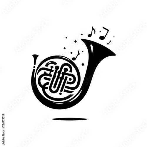 Brass Brilliance: Black Vector Silhouette of a French Horn, Resonance of Majestic Musical Harmony- French Horn Illustration- French horn vector stock. photo
