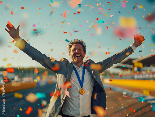 A joyous winner exults in his achievement, arms raised in elation amid a shower of colorful confetti, with a gleaming medal around his neck photo