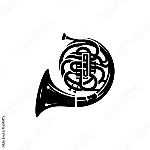 Brass Brilliance: Black Vector Silhouette of a French Horn, Resonance of Majestic Musical Harmony- French Horn Illustration- French horn vector stock.