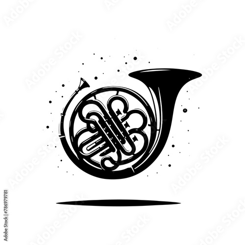 Brass Brilliance: Black Vector Silhouette of a French Horn, Resonance of Majestic Musical Harmony- French Horn Illustration- French horn vector stock.