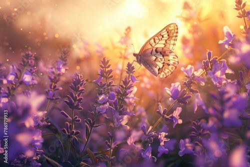 Beautiful butterfly perched on vibrant purple flower. Perfect for nature or spring-themed designs