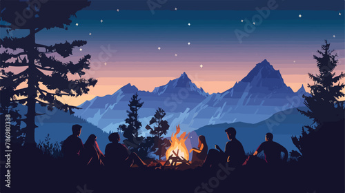 A group of friends sitting at the campfire in the nig #786980338