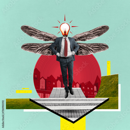 A man with a light bulb head takes off with the help of his wings. Art collage.