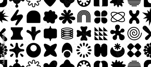 Pattern with y2k geometric shapes in retro style. Seamless simple vector black forms on white background. Trendy modern abstract forms, figures, shapes, symbols pattern. Geometric abstract background