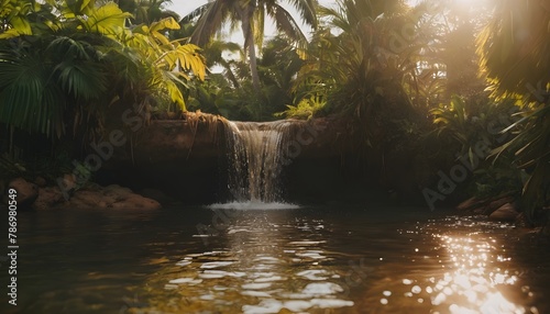  Eine Oase auf einer tropischen Insel, mit majestätischen Wasserfällen, die in einen malerischen See fließen. Natürliche Schönheit und paradiesische Atmosphäre.