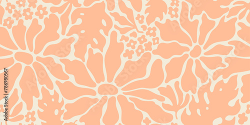 Peach fuzz pattern from pink Matisse flowers. Floral abstract seamless vector background. Retro groovy shape in peach fuzz 2024 palette. Modern cloth print. Simple summer spring wallpaper pattern