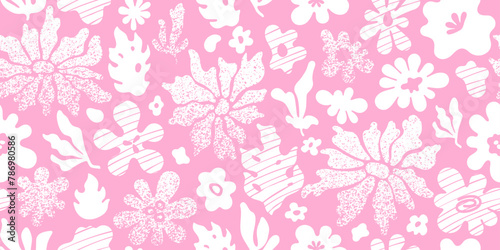 Daisy summer pattern. Groovy retro floral print. Abstract sun seamless pink background. Matisse flower shapes pattern. Noise grain summer vector. Halftone gradient daisy. Organic Matisse floral doodle