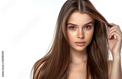 A beautiful woman with long, straight hair is touching her shiny and smooth brown hair against the white background