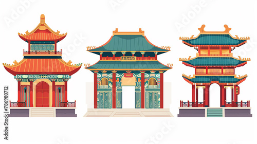 A Chinese style pavilion with red columns and an orange roof.
