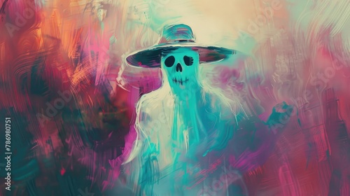 Ghost wearing a hat depicted in soft pastel hues © 2rogan
