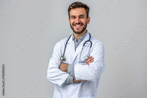 Man doctor in a white coat with a stethoscope smile with teeth and good test results looking into the camera on a white isolated background, copy space, space for text, health