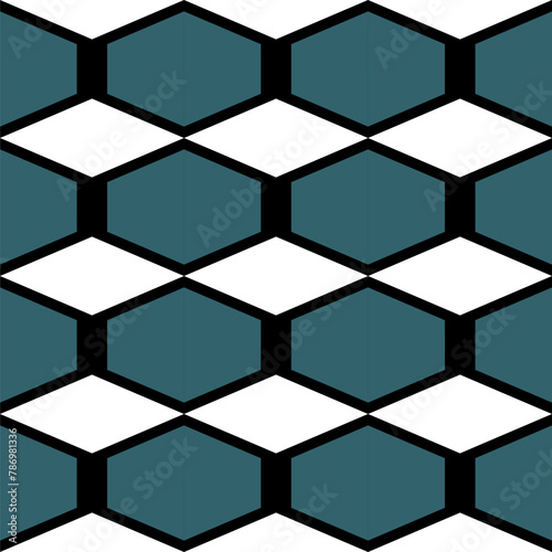 Geometric ethnic seamless pattern. Hexagonal pattern, turquoise, black border white background For making wallpapers, backgrounds, fabric, clothing, batik, sarong, scarves and textiles.