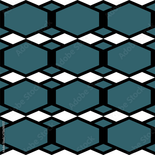Geometric ethnic seamless pattern. Hexagonal pattern, turquoise, black border white background For making wallpapers, backgrounds, fabric, clothing, batik, sarong, scarves and textiles.