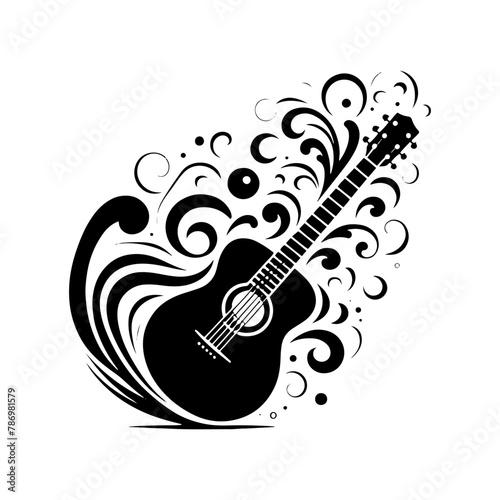 Black Vector Silhouette of a Guitar, Symbol of Musical Harmony and Expression- Guitar Illustration- Guitar vector stock.