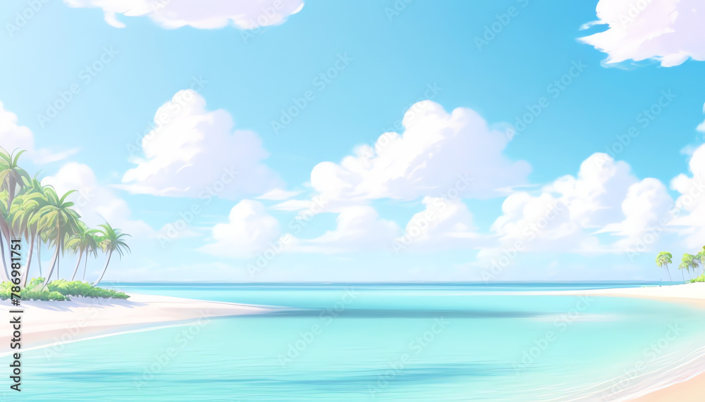Paradise Beach Island scene anime with blue sky and cloud,