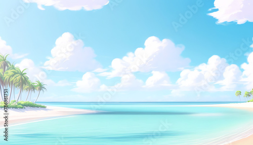 Paradise Beach Island scene anime with blue sky and cloud 