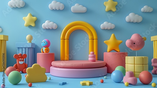 A playful 3D podium design displaying a collection of colorful toys on a light blue background photo