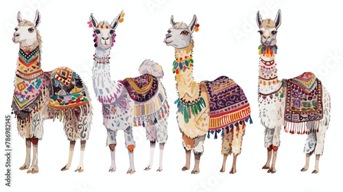 Graphic sketchy llamas in Four poses with colorful car