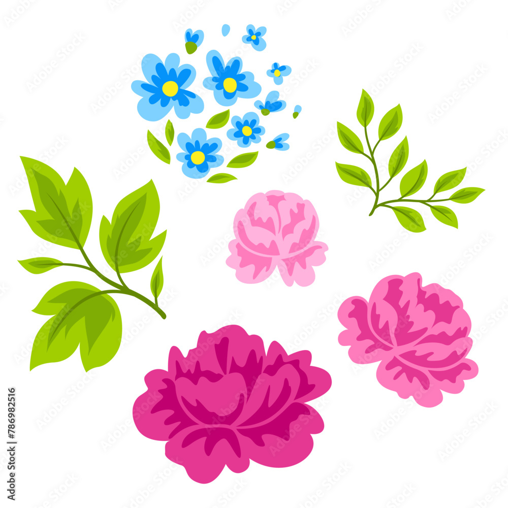 Set of pretty flowers. Beautiful decorative natural plants and leaves.