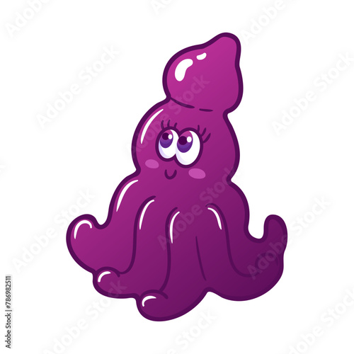 Cartoon purple octopus. Cute monster. An alien similar to a cuttlefish or squid. Neon colors, Y2k. Space flights, the future. Halloween stickers, design elements. © Любовь Кондратьева