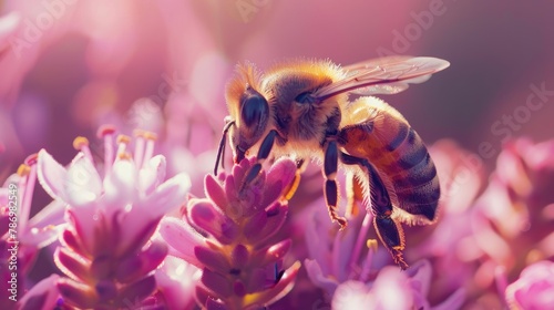 A close-up of a bee pollinating flowers in a garden photo