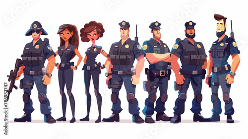 Group of cartoon security police officers. Woman and m