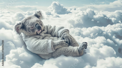 Illustration of a koala wearing a nightgown resting and sleeping soundly on a cloud