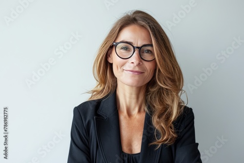 Middle age beautiful businesswoman wearing glasses standing over isolated white background with a happy and cool smile on face. Lucky person. . photo on white isolated background