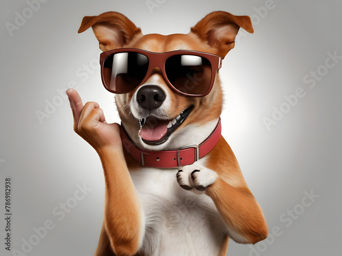 3d Portrait of a funny dog full face logo in sunglasses showing a gesture, isolated on a white background just face logo © mwaqar