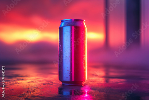 Colorful neon-lit can on a reflective surface with pink and blue lights