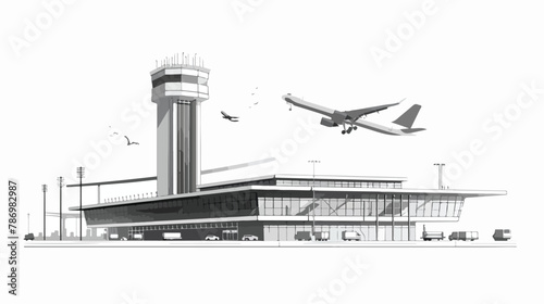 Airport Terminal building with aircraft taking off