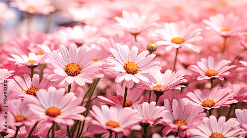 A field of white daisies with a pinkish hue.
