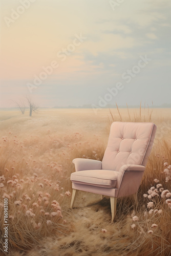 Armchair on the Field. Conseptual Art Summer Background. Pale Pink Furniture. Generative AI.  © Alma