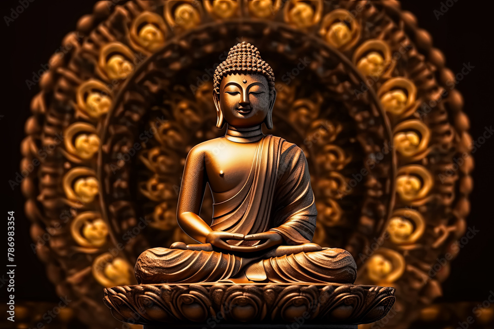 A gold statue of a Buddha is sitting on a table. A gold statue of a Buddha is sitting on a table.