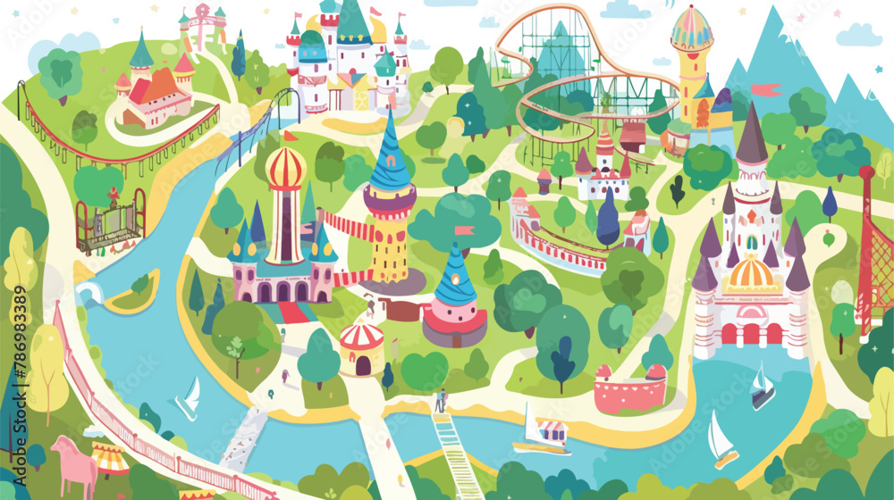 Amusement park concept landscape map with flat fairer