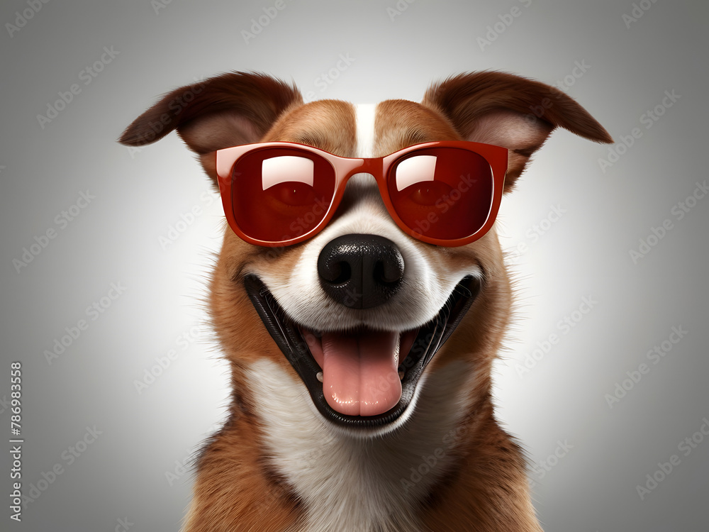 Naklejka premium 3d Portrait of a funny dog full face logo in sunglasses showing a gesture, isolated on a white background just face logo