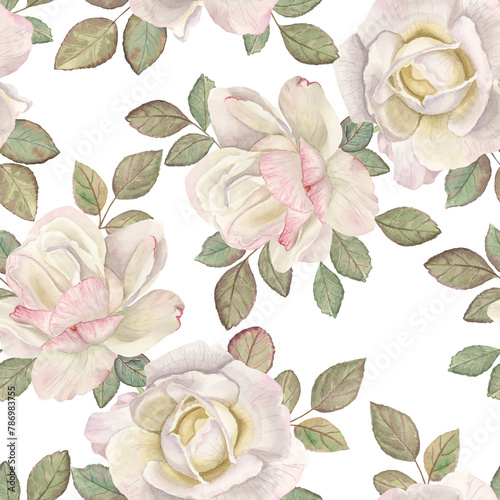White roses watercolor seamless pattern isolated on white Spring garden romantic floral ornament Rose blossom botanical illustration Blooming rose branch