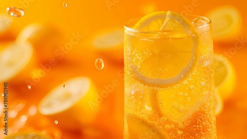 Horizontal AI illustration lemon soda with fresh slices. Drinking concept.
