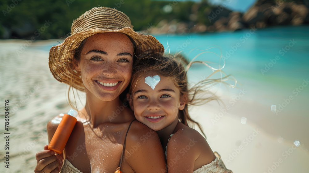 Fototapeta premium happy mother in straw hat hugging her child on tropical beach with white sand. Sunscreen protection with spf cream concept.