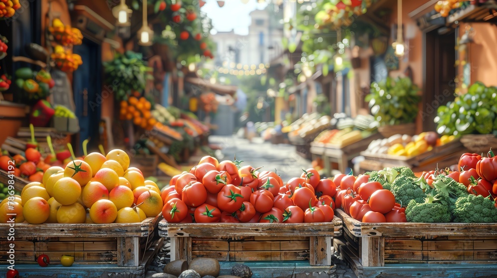 3D cartoon local market promoting organic produce, vibrant market stalls background