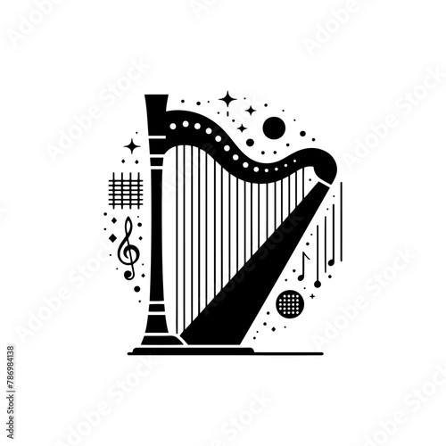 Black Vector Silhouette of a Harp, Emanating Heavenly Harmonies and Ethereal Beauty- Harp Illustration- Harp vector stock