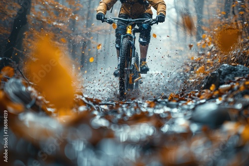 Man riding mountain bike through forest. Generative AI